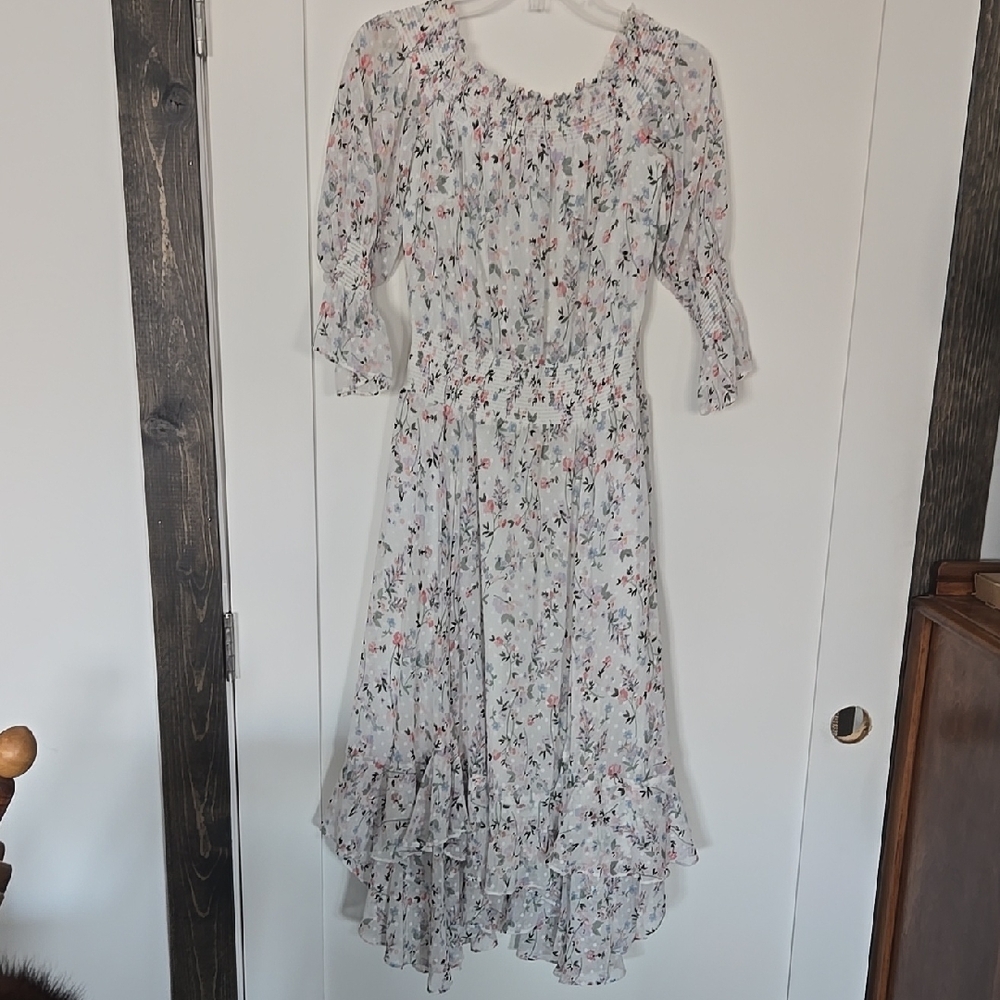 Floral White Dress with lite Mauve, Blue and Green flowers Garden and Country